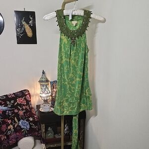 Plenty by Tracy Reese Green Embellished 100% Silk Halter Top